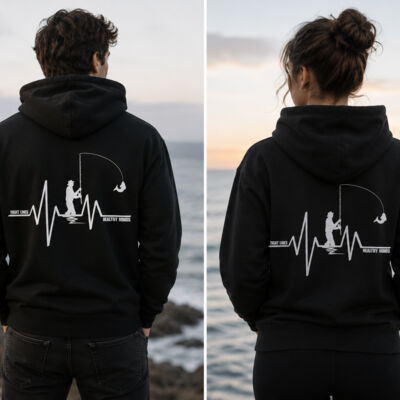 "Heart Beat" Fishing Unisex Hoodie, Back, and Sleeve Print Thumbnail